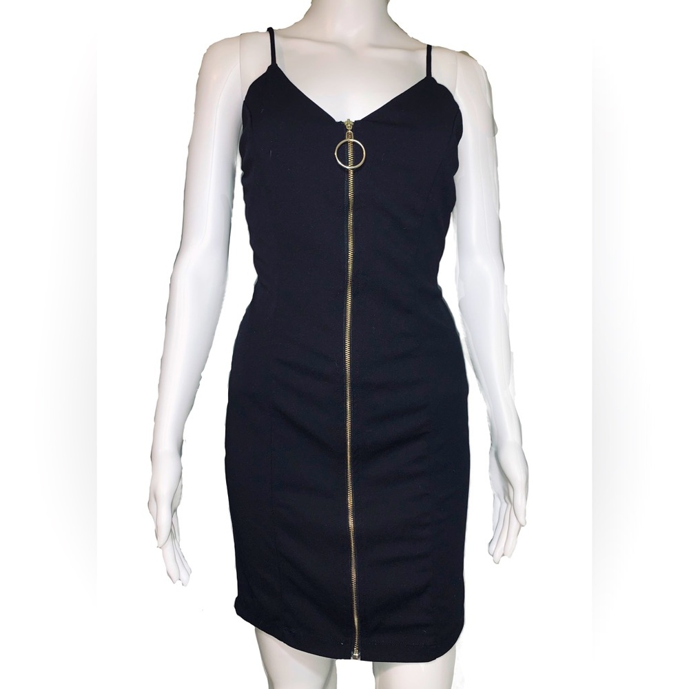 O’Delilah Bodycon Spaghetti Strap Black Front Zipper Above Knee Dress